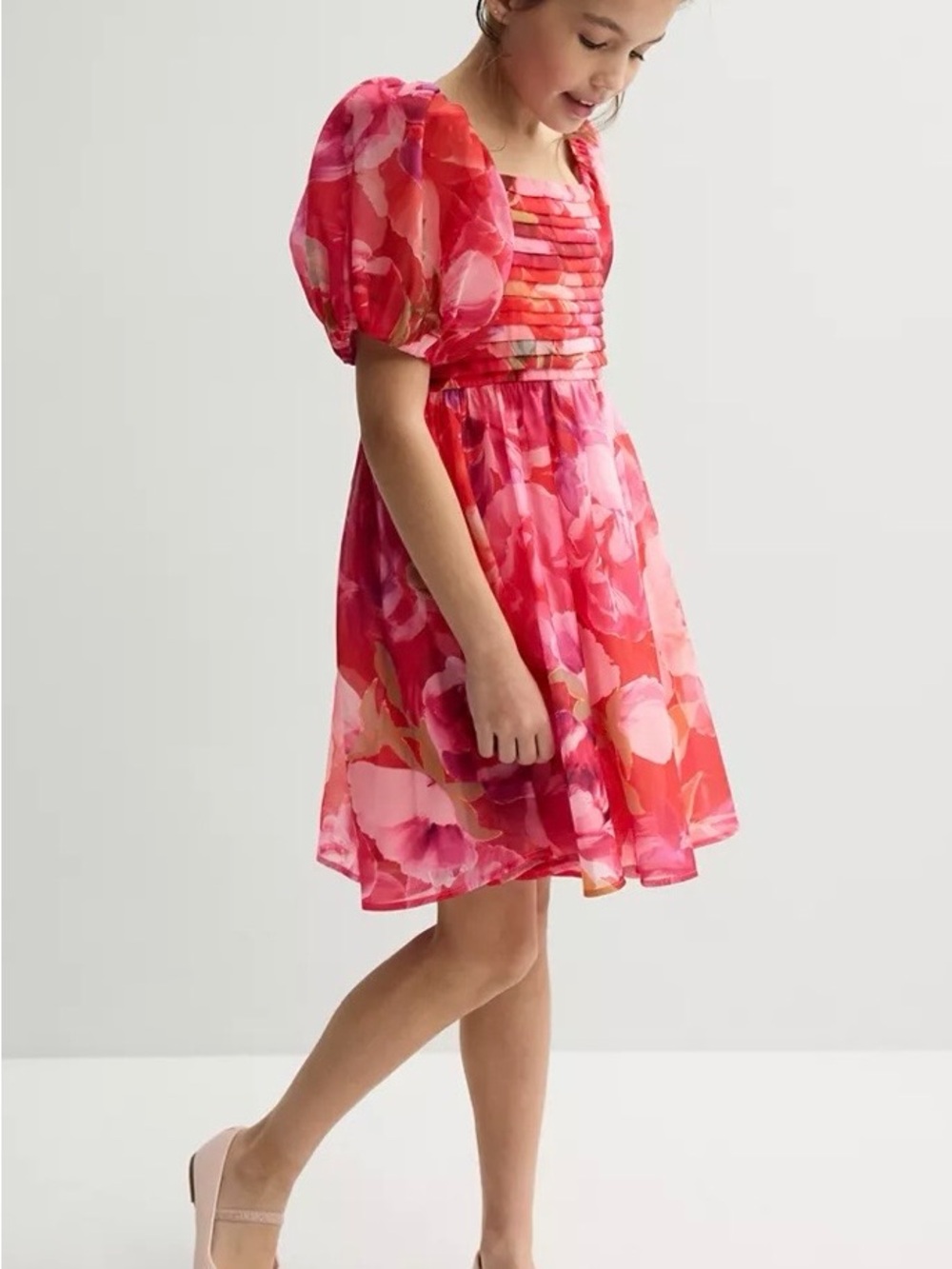 New Girls Dress Red & Pink Floral Puff-Sleeve Size 12